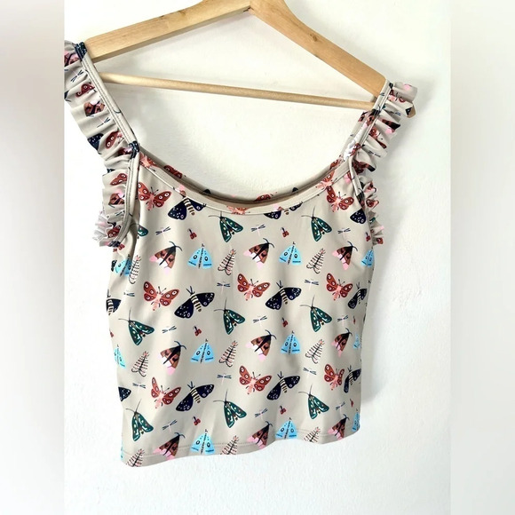 Kortni Jeane Taupe Moth Pattern Ruffle Strap Swim Tank Mix & Match Medium - Picture 2 of 8